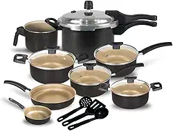 Jogo de Panelas Antiaderente, 11 Peças com Panela de Pressão 2.5L (Preto com Creme)