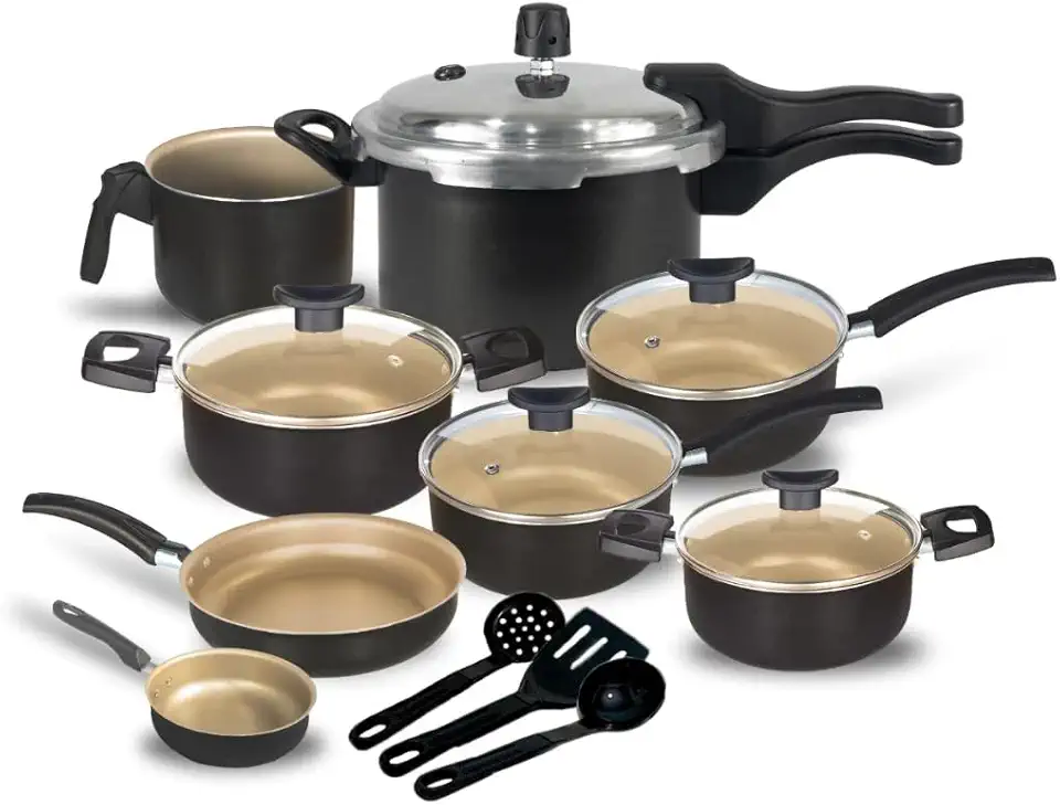 Jogo de Panelas Antiaderente, 11 Peças com Panela de Pressão 2.5L (Preto com Creme)