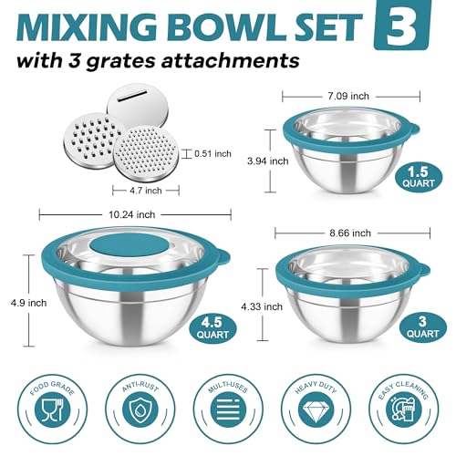 TeamFar Mixing Bowls, 3PCS Stainless Steel Serving Salad Bowls with Lids & 3 Graters, For Kitchen Mixing/Baking/Storing/Prepping, Visible & Airtight, Easy Clean - 4.5/3 / 1.5 QT, Dark Blue
