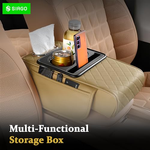 Image of SIAGO SIA399 Premium Car Armrest Cover | 5-in-1 Center Console Organizer with Cup Holder, Phone Slot, & Storage Bags | Anti-Slip PU Leather Cushion for Sedans & SUVs (Beige)