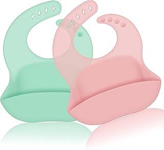 Silicone Baby Bibs, Waterproof Baby Feeding Bibs with Food Catcher Pocket, Adjustable Silicon Bibs for Toddlers Baby Essentials Must Haves Baby Stuff baby girl Newborn Essentials Baby Food Bibs 2 Pack