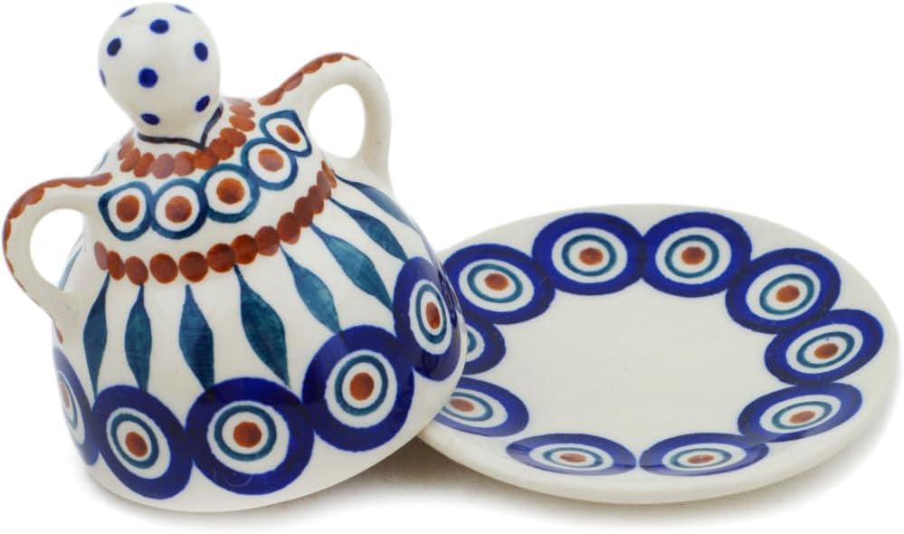 Polmedia Polish Pottery Cheese Lady - Peacock Leaves Pattern Handmade in Boleslawiec Poland + Certificate of Authenticity