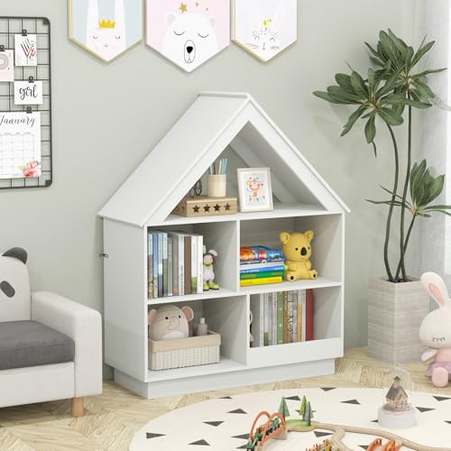 GLACER Book Shelf Wooden House Shaped Dollhouse Bookcase with 3-Tier Storage for Books and Toys Children Storage Cabinet Ideal for Toddler Playroom Baby Nursery Kids Bedroom & Living Room