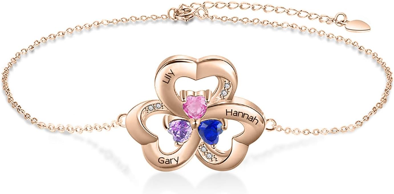 Personalized Mother Name Bracelet with 1 to 5 Birthstones & Engraved Names Custom Heart Bracelets for Mother's Day Women