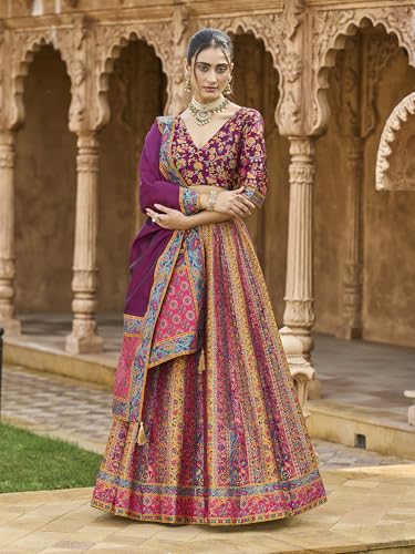 Image of PURVAJA Women's Jacquard Semi-Stitched Lehenga choli