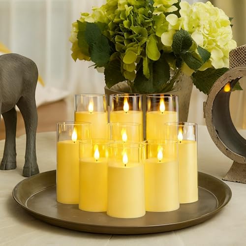Image of Homemory Ivory Flickering Flameless Candles, Battery Operated Acrylic LED Pillar Candles with Remote Control and Timer, Set of 9