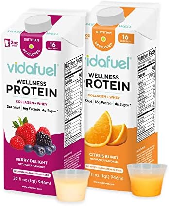 Vidafuel Protein Drink, 16g protein per 2oz shot, 32 fl oz carton, 2 Pack, berry and citrus, collagen and whey drink, no artificial sweeteners