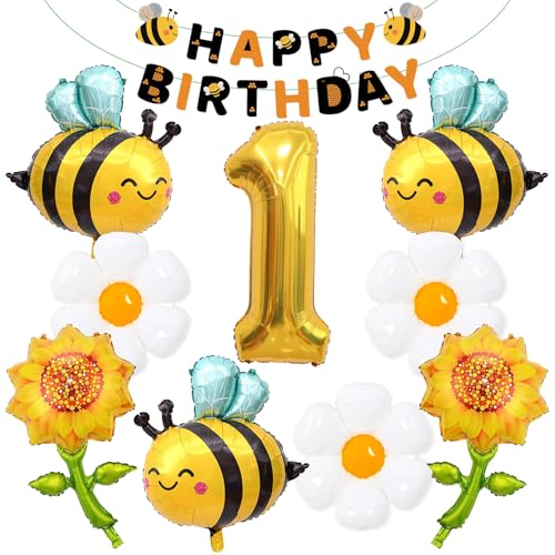 10PCS Bienen Geburtstag Deko Luftballon 1. geburtstag biene Bienen luftballons 1. geburtstag Deko 1 Geburtstag Folienballons mit biene Blumenballons Sonnenblume Girlande für 1 Jahre Geburtstagsdeko