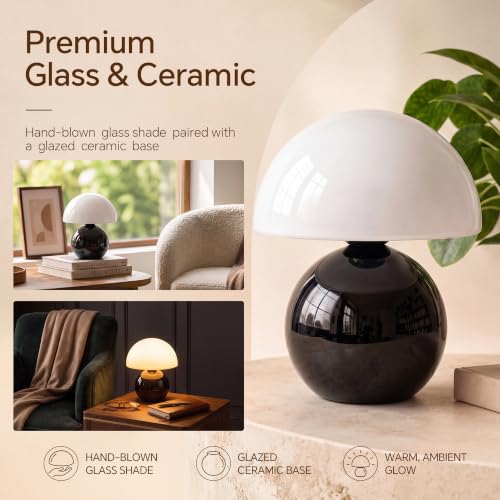 Image of Dawnwake Mushroom Lamp Table Lamp for Bedroom-Small Desk Table Lamps,Black | 8.7 inch Mid Century Modern Table Lamps for Living Room Bedroom Decor,Cute Ceramic Lamps for Mushroom Home Room Decor,Glass Shade