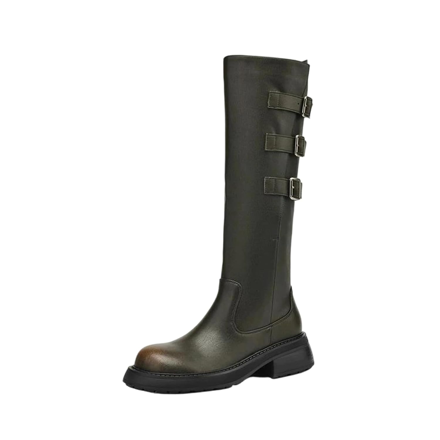 Alloaone Womens Leather Thigh-High Riding Boots Round Toe Mid Square Heel With Metal Buckle And Zipper For Comfort
