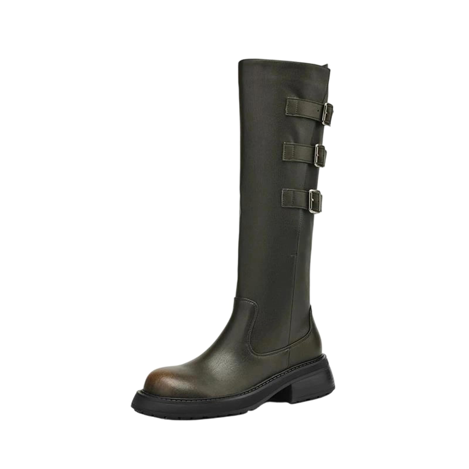 Alloaone Womens Leather Thigh-High Riding Boots Round Toe Mid Square Heel With Metal Buckle And Zipper For Comfort