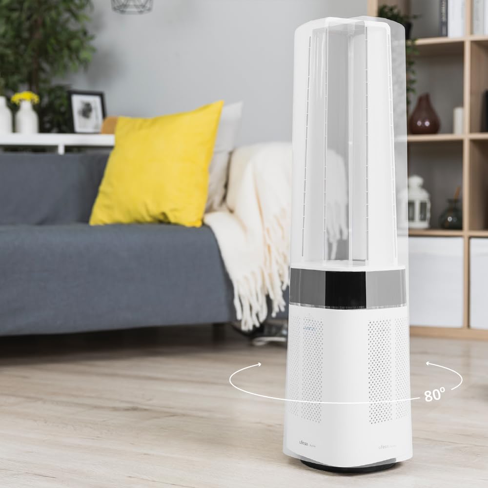 Ufesa Ventilador sin Aspas Kobe SilentX 35W, Motor Brushless, 12 Velocidades, 2 Modos de Viento, Oscilación 75º, Pantalla LED, Temporizador 12h, Mando a Distancia, Altura 86 cm