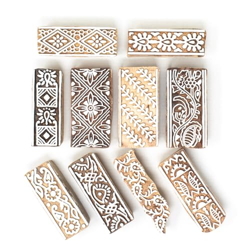 Image of Hashcart Wooden Stamp Block, Printing Stamp Design Set | Block for Printing Saree Border | Dresses, Craft Card Making, Scrapbook, Clay Pottery | Set of 10