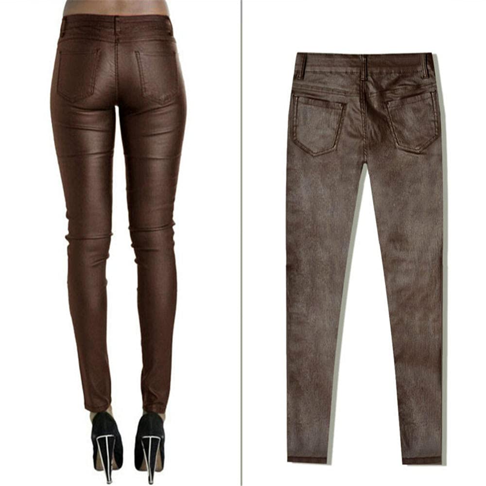 Niedrige Taille braune dünne Hosen Frauen PU-Beschichtung Push Up Jeans Femme Mode Gefälschte Reißverschlüsse Elastizität Pantalones Mujer-34.