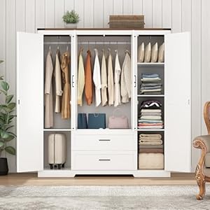 4 Doors Wardrobe Armoire Closet with Doors and Drawers Farmhouse Wooden Armoire Storage Cabinet with Shelves Hanging Rod for Bedroom White