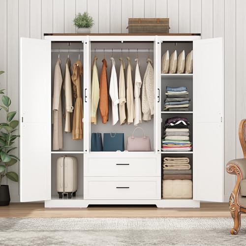 4-Doors-Wardrobe-Armoire-Closet-with-Doors-and-Drawers-Farmhouse-Wooden-Armoire-Storage-Cabinet-with-Shelves-Hanging-Rod-for-Bedroom-White 4 Doors Wardrobe Armoire Closet with Doors and Drawers Farmhouse Wooden Armoire Storage Cabinet with Shelves Hanging Rod for Bedroom White