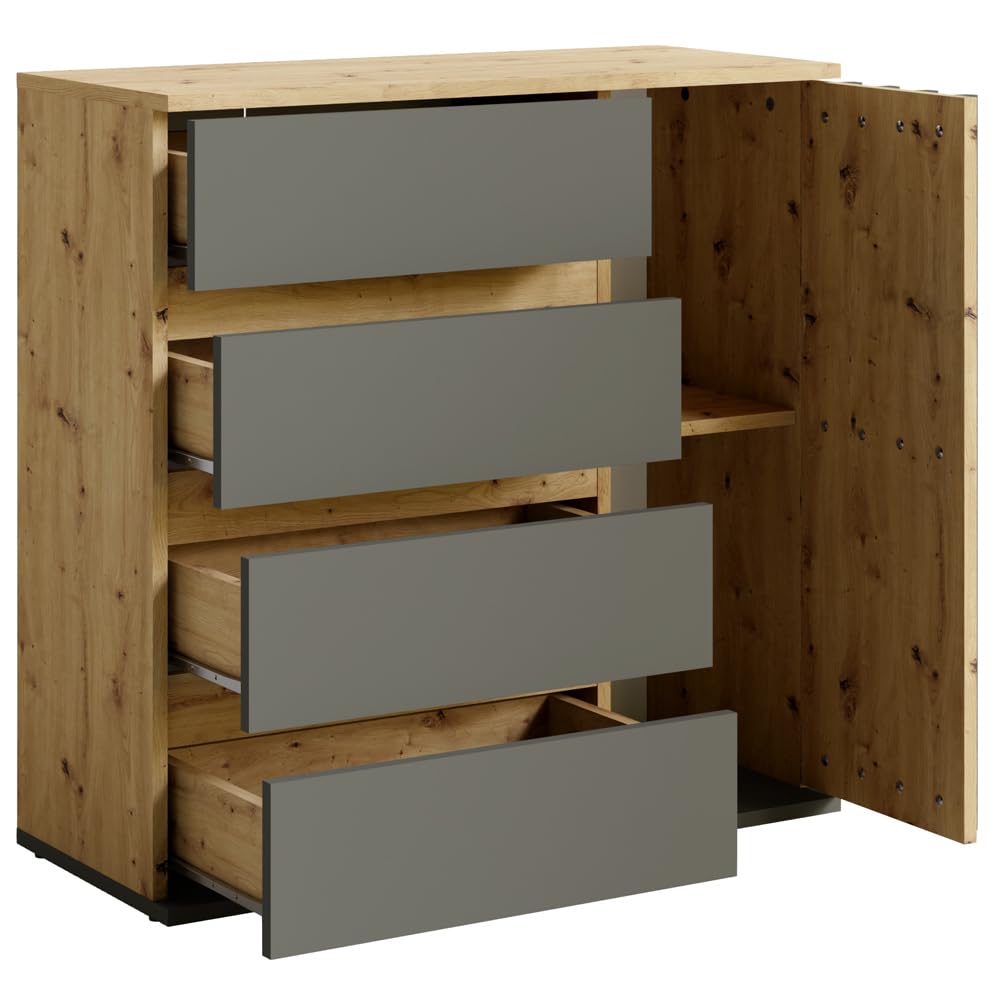 Lomadox Garderoben Set Kommode mit Bank Paneel Spiegel Eiche Graphit Lamellen-Design