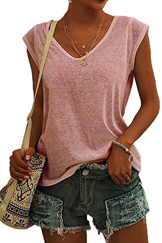 ASKSA Women V Neck Cap Sleeve T-Shirt Summer Solid Color Tank Top Casual Loose Shirts Basic Tee Tops (Pink,M)
