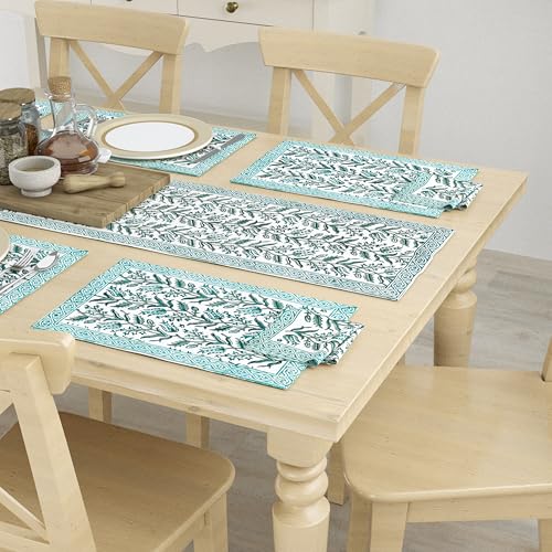 Image of BLOCKS OF INDIA Hand Block Printed Cotton Table Runner, Mat and Napkin Set of 13 pc for Center /Dining Table (Green Bel)