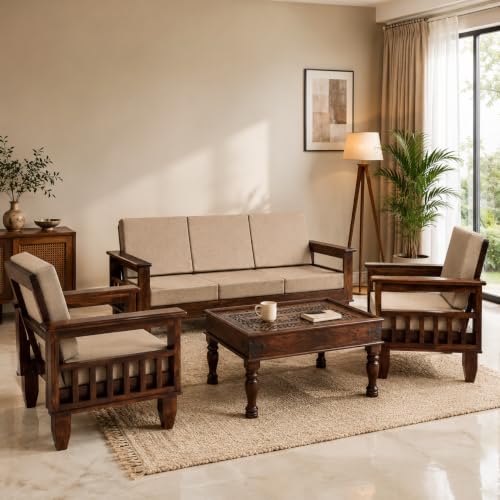 Image of Furniture Solid Sheesham 5 Seater Wooden Sofa for Living Room with Cushion|Solid Wood 5-Person Sofa Set /Couch 3+1+1 for Bedroom,Home,Office & Lounge| Walnut Brown Finish