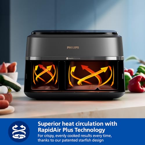 Image of Philips Dual Basket Air Fryer 3000 Series, 9L, 2 Drawers, Synch Function, Rapid Air Technology, Versatile Large Hot Air Fryer, 90% Less Fat and Energy Saving, HomeID App (NA352 /00)