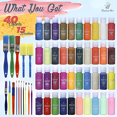 Kids Tempera Paint Set | Value Pack Includes 40 Washable Non-Toxic Colorful Paints (2Oz Bottles) & 15 Brushes | Metallic, Neon, Glow In The Dark, Glitter Paints | Hand, Finger Paints | Kids Paint For Arts & Crafts, Fun Projects #TOP3