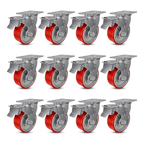 5" Casters, Industrial Heavy Duty Caster Wheels, Swivel Casters with Brake, Each Caster Loads 1000lbs (12 Total Lock Brake)