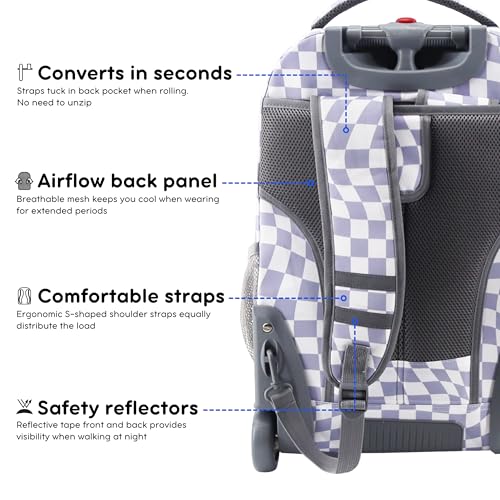 Image of J World Sundance Laptop Rolling Backpack for Girls Boys. Roller Bookbag with Wheels, 20 Inch, Lavender Checkers