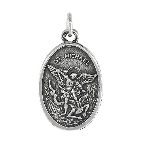 Sterling Silver St Michael Medal Necklace Oxidized finish Oval 1.8mm Chain