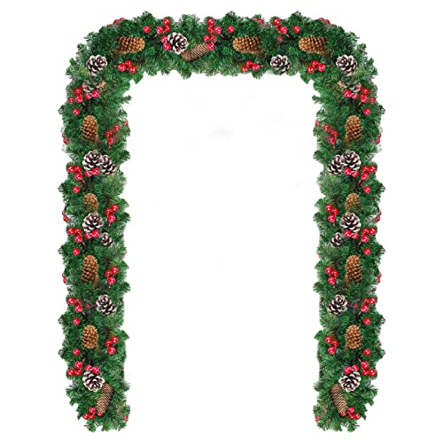 HONGFU Guirlande de Noël | Guirlande d'escalier de Noël Artificielle de 9 Pieds | Délicat Jardin de Pommes de pin avec Baies Rouges pour cheminée, Rampe d'escalier et décor de cheminée Cover