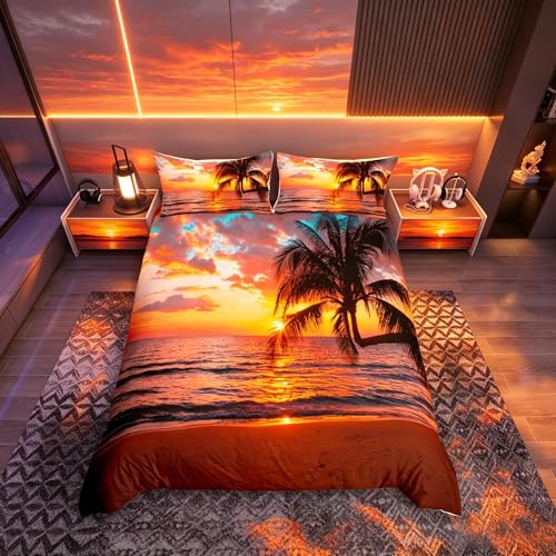Loussiesd Ocean Beach Duvet Cover For Kids Adults Girls Chic Sea Sunset Scenery Comforter Cover Tropical Palm Tree Bedding Set Hawaiian Holiday Bedspread Cover Room Decor King Bedclothes