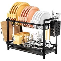 Escurridor Extensible Para Fregadero Fousenuk Escurreplatos Grande Negro sobre Fregadero, de 2 Niveles, con Bandeja Recogegotas y Portacubiertos para la Vajilla