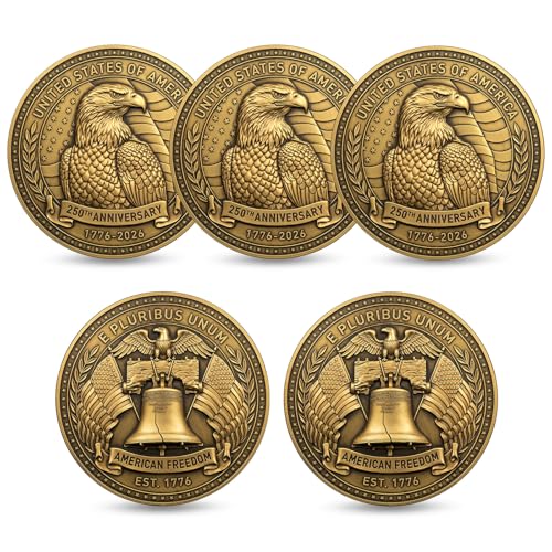 USA 250th Anniversary Challenge Coins (5-Pack) – Bald Eagle & Liberty Bell Freedom Design, 1776–2026 250 Years of Freedom Collectible Coins, E Pluribus Unum Theme, Zinc Alloy with Clear Acrylic Cases