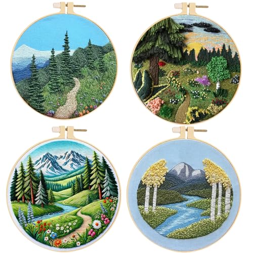 Image of Huacan 5 Complete Embroidery Starter Kit for Beginners Includes Sun Landscape Pattern Full Range of Stamped Kits for Endless Creative Possibilities (Flower and Scenery)