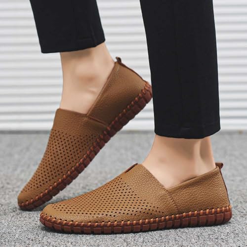 Image of Men's Genuine Leather Loafer Shoes Slip On Soft Walking Shoes Perforated Driving Shoes