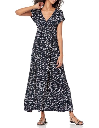 Amazon Essentials Women's V Neck Short Sleeve Waisted Maxi Dress (Available in Plus Size), Navy Pink Abstract Animal, Medium