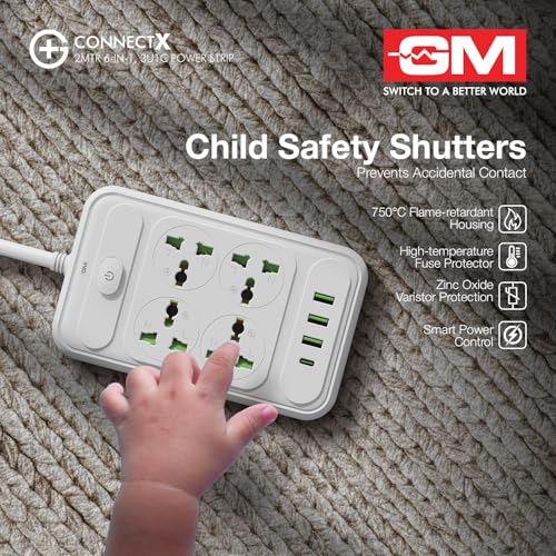 Image of GM G+ ConnectX 6-in-1 Powerstrip with Type-C, 4 Universal Sockets, 3 USB, 2500W, 2M Cable, Master Switch, Surge Protection | Extension Board for Home & Office