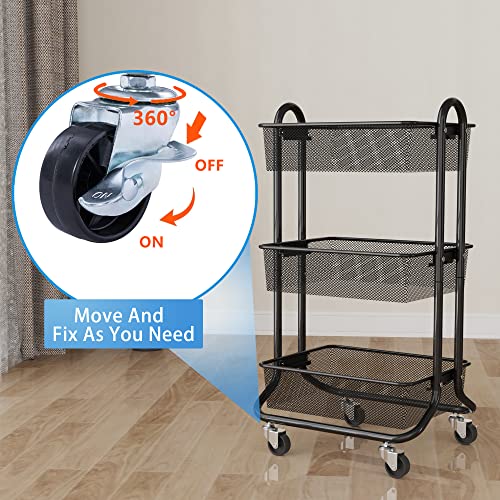 Designa 3-Tier Rolling Utility Cart Storage Shelves Multifunction, Metal Mesh Baskets, Pantry Cart With Lockable Wheels, Black #TOP4