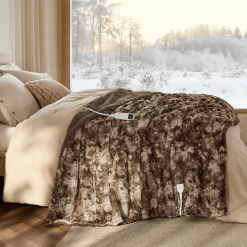 Image of Bedsure Faux Fur Heated Blanket Full Size, Tie-Dye Electric Blanket, Brown