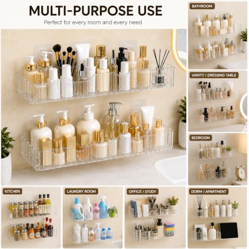 Image of Bathroom Organiser Shelf Suction Use Installation Transparent Pack of 2pcs