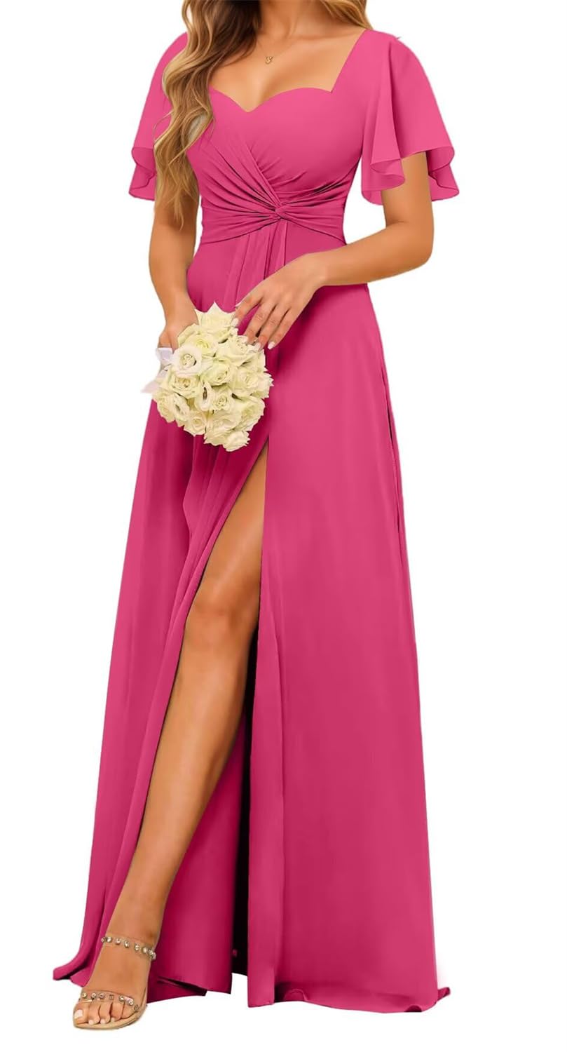 Hppee Women's Hot Pink Chiffon Bridesmaid Dresses For With Sleeves Formal Dress With Slit Summer Formal Evening Dress Uk20