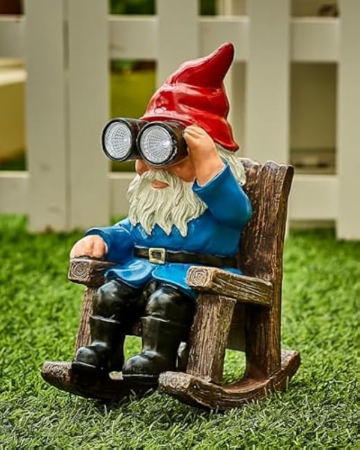 Solar Garden Gnome Statues Resin Gnome Figurines Sitting on Rocking Chair Outdoor Telescope Gnome Gifts for Yard, Patio Decor Gift