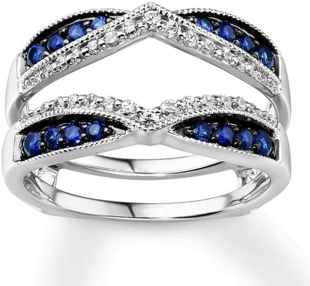 2 CT Round Shape Simulated Blue Sapphire and White Cubic Zirconia V Style Wedding Engagement Enhancer Guard Ring in 14K White Gold Plated 925 Sterling Silver Gift for Womens