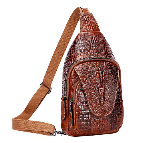 PIJUSHI Genuine Leather Sling Bag Backpack For Men Women Casual Crossbody Shoulder Chest Daypack?8802B Brown Croco?
