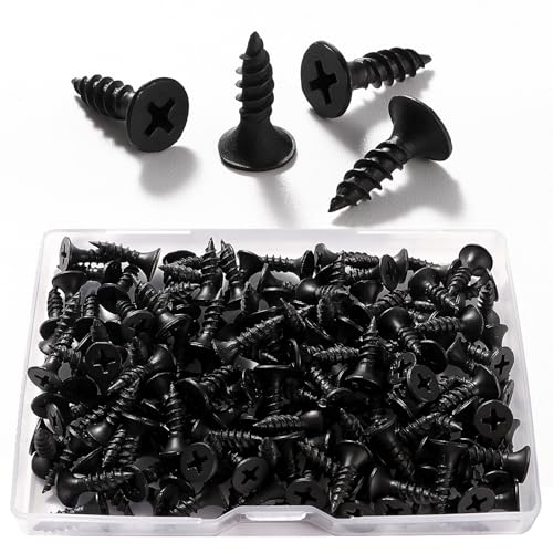 VooGenzek 150 Piezas M3.5 * 16 mm Tornillos Autorroscantes de Rosca Gruesa, Tornillos de Cabeza Plana Cruzada, Tornillos Twinthread Bugle Headed Drywall, para Paneles de Yeso, Muebles, Negro