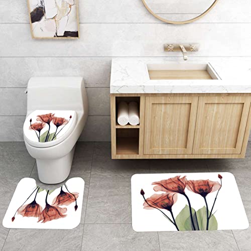 3-teilig Badematten Set, 3D Digitaldruck Blumen Badteppich Sets rutschfest Badvorleger Rot Waschbar U-Förmiger…