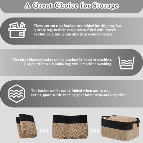 Image of Goodpick 75L Extra Large Woven Blanket Basket, Rectangle, Black & Jute