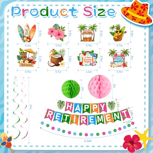 Image of Luau Hawaiian Retirement Party Decorations for Men Women Tropical Happy Retirement Banner Honeycomb Balls Hanging Swirl Circle Dots Garland Beach Summer Retirement Party Supplies