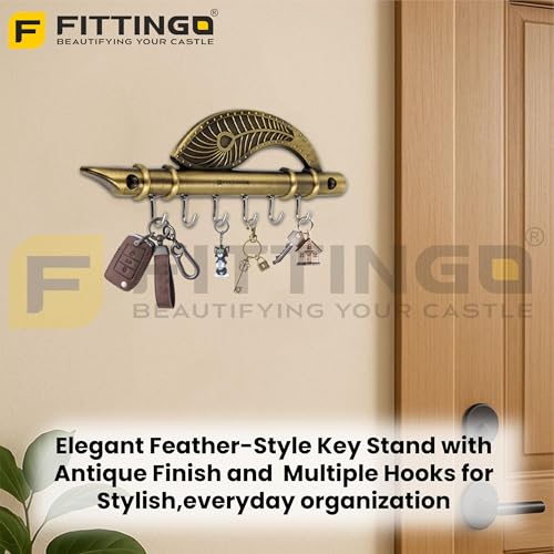 Image of Premium Krishna Flute & Peacock Key Holder - Antique Brass Wall Mounted Key Rack with 6 Hooks | Decorative Home & Office Key Stand-| 3 Years Warranty |