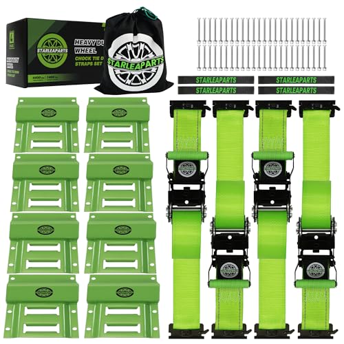 Heavy Duty Wheel Chock Tie Down Straps Set (4PK) - 4 400lb Guaranteed Max Break Strength (2) 2 x 8 Trailer Tire Straps with (8) Wheel Chocks for ATV UTV or Tractors
